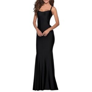 La Femme Lace Up Back Jersey Mermaid Gown Black 6